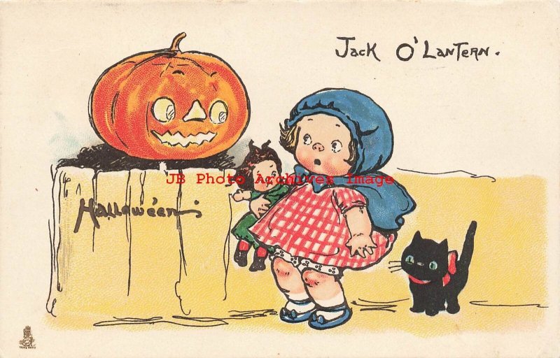 Halloween, Tuck No 807-2, Wiederseim, Jack o Lantern Greets Girl Holding Doll 