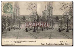 Belgium Antwerp Old Postcard Green up the cathedral and the statue of Rubens ...