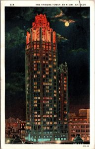 Postcard The Tribune Tower by Night in Chicago, Illinois Newspaper Worlds Fair