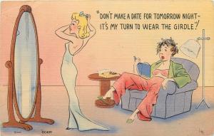 TOMORROW IT'S MY TURN TO USE THE GIRDLE LINEN COMIC POSTCARD