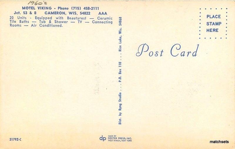 1960s Hotel Viking Cameron Wisconsin roadside Byng Studio postcard 2623