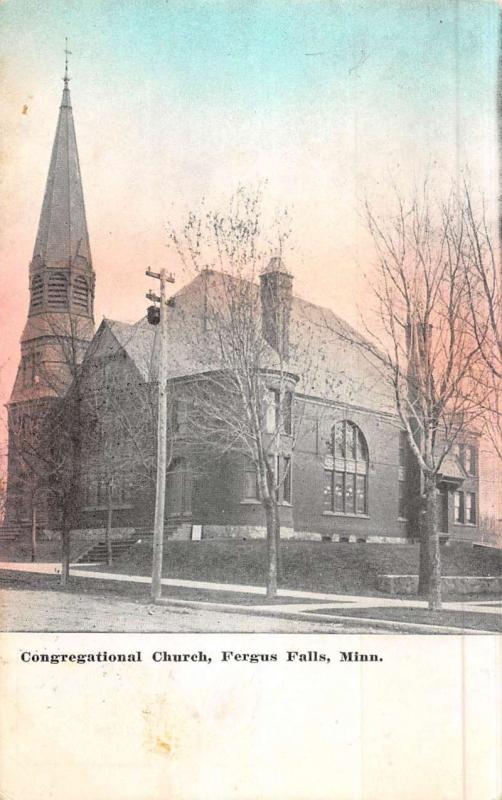 Fergus Falls Minnesota Congregational Church Street View Antique Postcard K51016