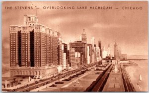 VINTAGE POSTCARD THE STEVENS HOTEL COMPLEX OVERLOOKING LAKE MICHIGAN AT CHICAGO