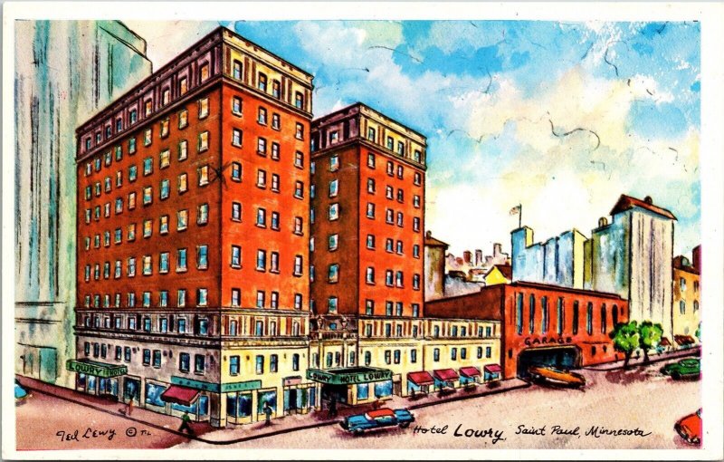 Hotel Lowry Building Downtown St Paul Minnesota Old Cars Skyline WB Postcard 