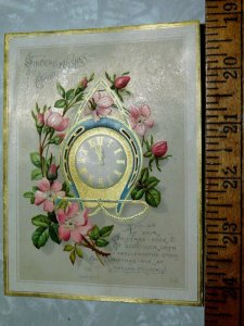 1880s Lovely Christmas Poem With Flower & Clock Victorian Trade Card A0