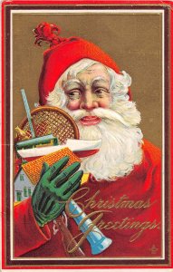 J24/ Santa Claus Christmas Postcard c1910 Tennis Racket Green Suit Gloves126