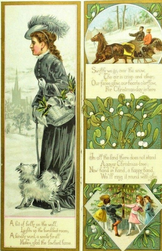 Art Nouveau Christmas Folder Card Poems Lady & Dog Children Sleigh Angels &M