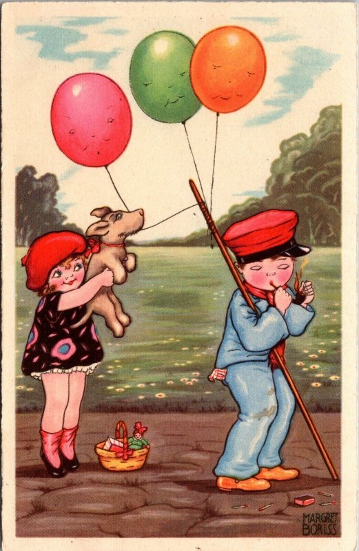 Margret Boriss artwork Postcard Boy Smoking Pipe Girl, Dog Balloons~138777