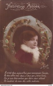 RP;  NEW YEAR, 1900-10s; HEUREUSE ANNEE, Portrait of little girl, red coat ...
