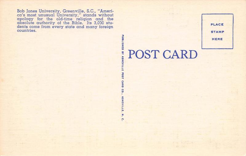 Alumni Building, Bob Jones University, Greenville, NC, Early Postcard, Unused