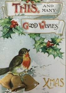 Embossed Christmas Card BB London Series Robin Bird Bells Holly Xmas