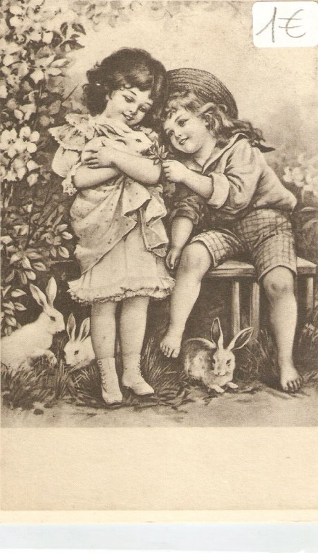 Boyand girl with a rabbit Nice Italian repro of old postcards. Standard size