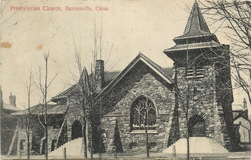 Barnesville OH~Big Steps on Stone Presbyterian Church~Pointy Tower~1909 Postcard 