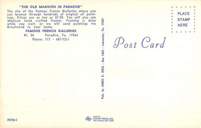 Paradise Pennsylvania Famous French Galleries Mansion Vintage Postcard K96892