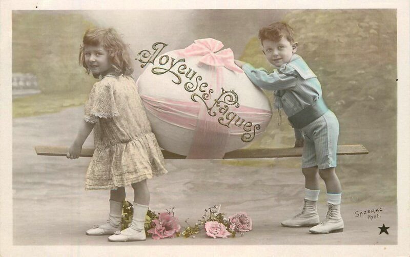 C-1910 Happy Easter Children flowers RPPC Photo Postcard Hand Tint 22-9489