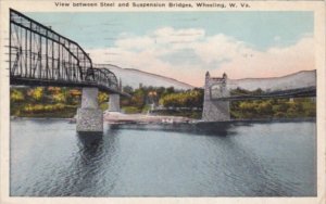 West Virginia Wheeling View Between Steel and Suspension Bridges 1927