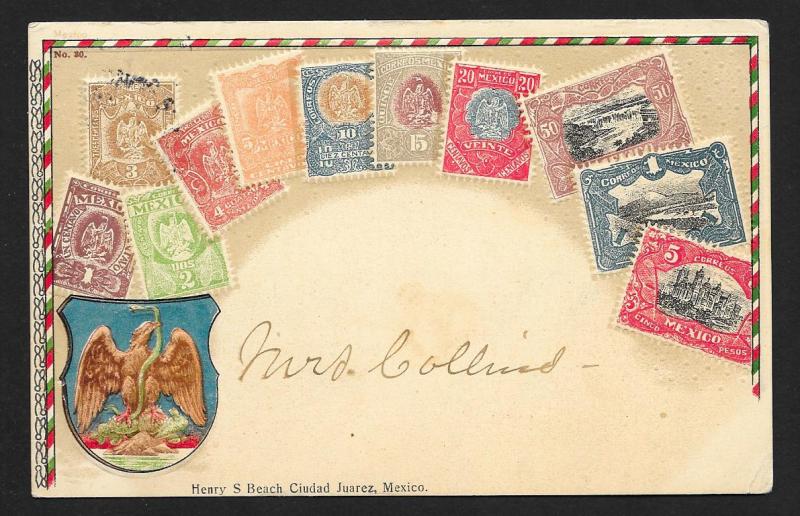 MEXICO Stamps on Postcard Embossed Shield Used c1905