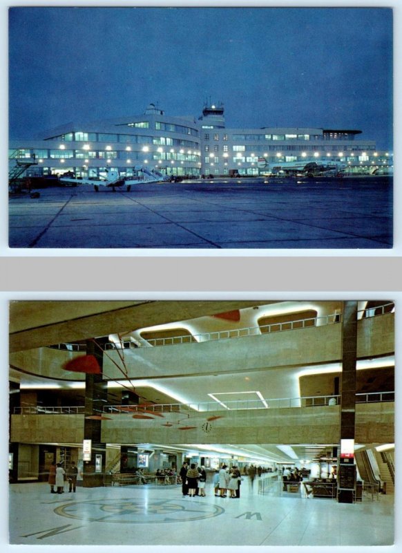 2 Postcards GREATER PITTSBURGH AIRPORT, Pennsylvania PA ~ Night/Interior 1960s