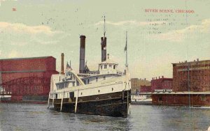 Paddle Steamer River Chicago Illinois 1910c postcard