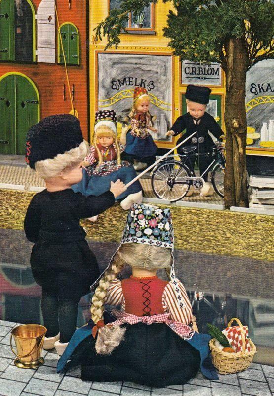 Dutch Toy Dolls Shopping On A Bicycle Holland 1980s Postcard