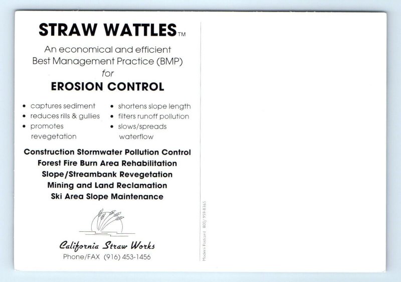 California Straw Works Wattles Erosion Control Sacrament CA Ad Postcard