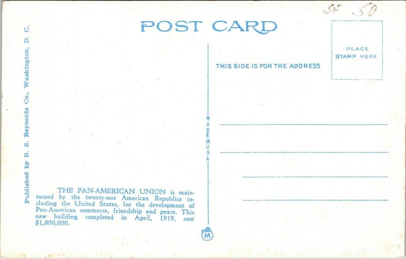 Pan-American Union Washington DC WB Postcard VTG UNP Unused Vintage Reynolds 