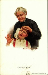 Sunday Morn Grandmother washing Boy's Face signed Crus A McCellan Postcard