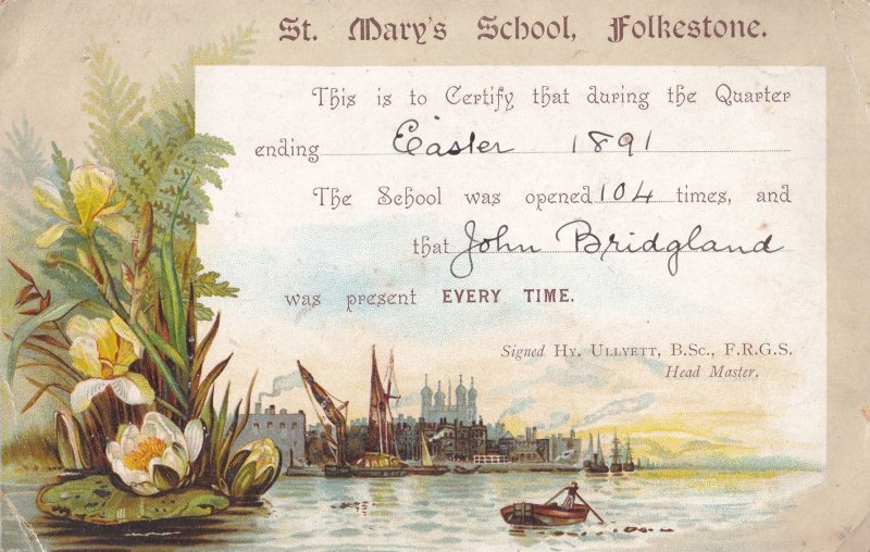 St Marys School Folkestone Kent 1891 Fishing Boat Victorian Attendance Card