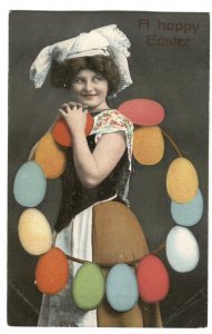 Postcard A Happy Easter Woman Holding Ring Colored Eggs