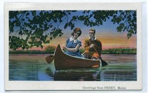 Canoe for Two Canoeing on Lake Perry Maine linen postcard