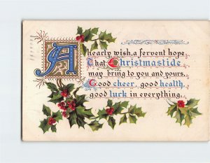 Postcard Christmas Greeting Card with Message and Hollies Embossed Art Print