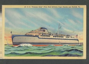 Ca 1924 Post Card Norfolk Va S S Princess Anne Ferry Boat