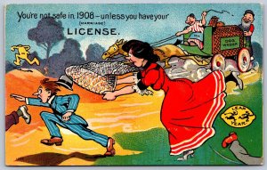 K50/ Leap Year 1908 Holiday Postcard Man Woman Love Net Dog Wagon 53