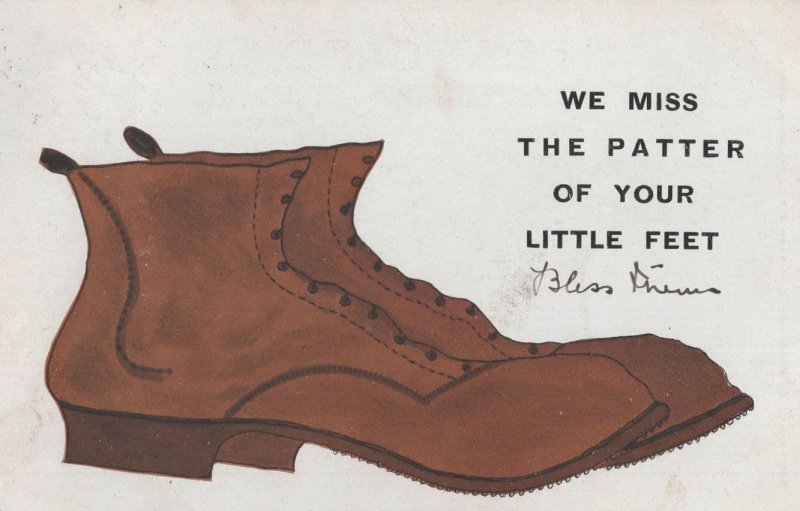 Patter Of Tiny Little Feet Leather Boots Shoes Old Comic Postcard