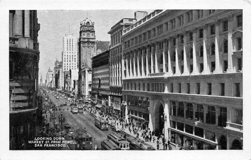 San Francisco California~Looking Down Market Street @ Powell~Ferry Bldg~1940s PC