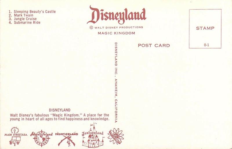 Disneyland, O-1, Sleeping Beauty Castle, Mark Twain, etc, Vintage Postcard