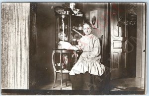 c1910s Old Woman Indoors Reading RPPC Victorian House Interior Real Photo A160
