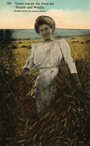 Vintage Postcard 1912 Come Out on the Farm Health & Wealth Woman in Wheat Field