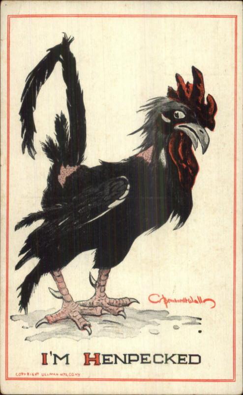 Bernhardt Wall - Chicken/Rooster I'M HENPECKED c1910 Postcard
