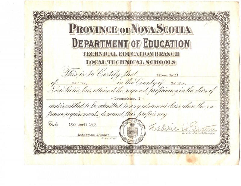 Nova Scotia Department of Education Local Technical Schools Certificate 1933