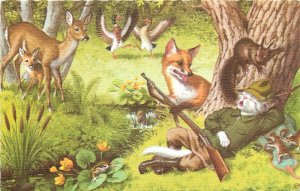 Mainzer Hartung 4921 Postcard Dressed Cat Hunter Sleeps Fox takes Gun Belgium