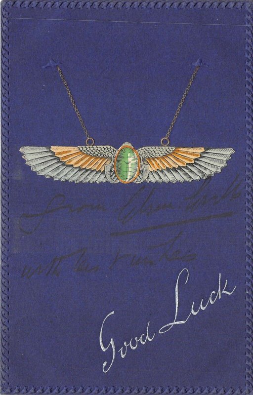 Lot223  good luck greetings postcard wings embossed uk fantasy