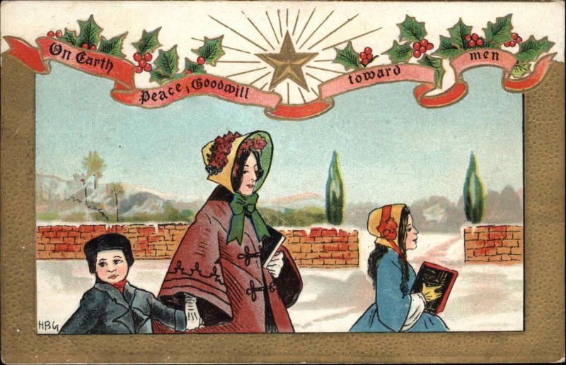 HBG Christmas Mother and Children Walk to Church c1910 Vintage Postcard