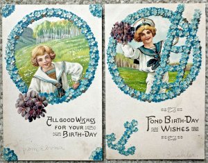 Two Birthday Wishes Postcards Sailor Dressed Boys and Flowers
