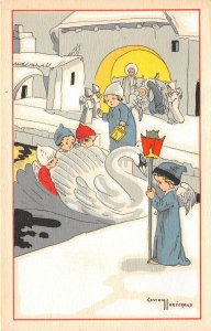 US6438 france children angel big swan christmas noel signed gaston arcchaux