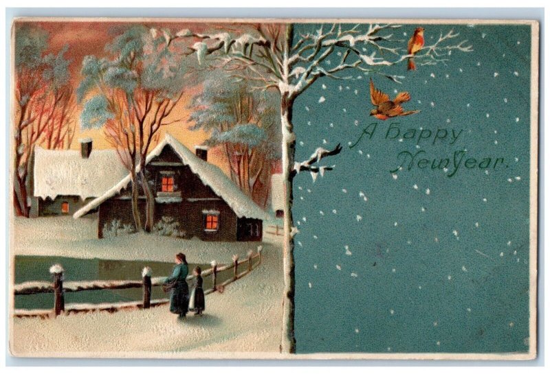 c1910's New Year House Birds Winter Snow Embossed Unposted Antique Postcard 