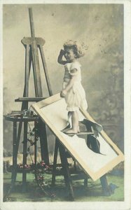 Child crying upset Artist Broken Canvas Postcard RPPC real photo 21-872