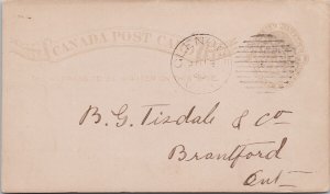 Canada Post Card 1886 to BG Tisdale Brantford ON Glencoe ONT Cancel Postcard E82
