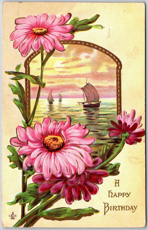 A Happy Birthday Pink Daisy Flower Sailboats Greetings Posted Postcard