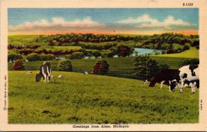 Greetings from Alma, Michigan Pastoral Scene Cows Vintage Linen Postcard H01